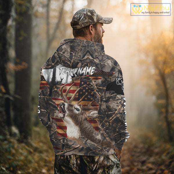 Best Deer Hunting Camo Shirt with Big Buck and US Flag – Hunting Apparel for Men, Hunter Gifts NBT61