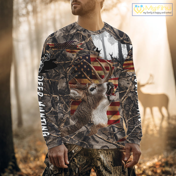 Best Deer Hunting Camo Shirt with Big Buck and US Flag – Hunting Apparel for Men, Hunter Gifts NBT61