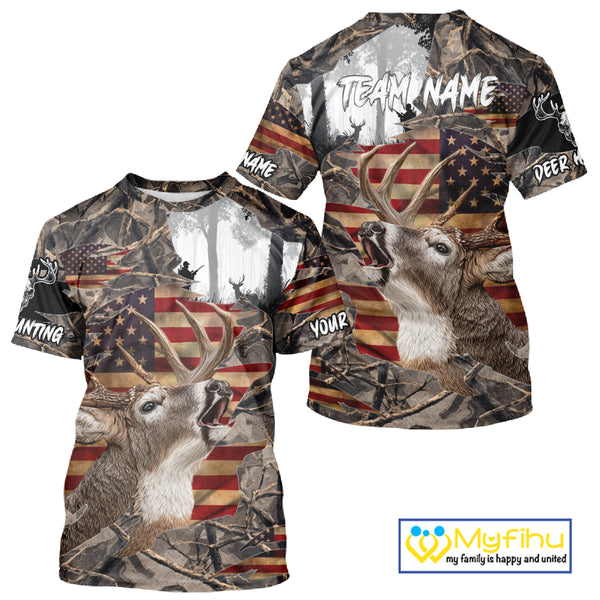 Best Deer Hunting Camo Shirt with Big Buck and US Flag – Hunting Apparel for Men, Hunter Gifts NBT61