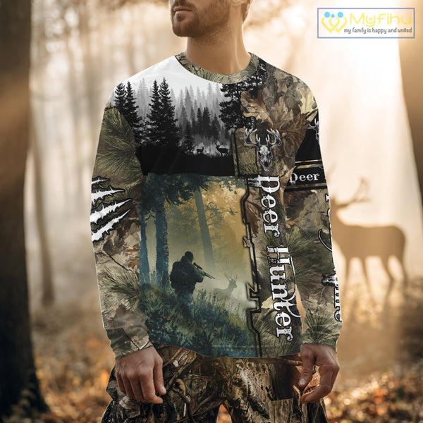 Personalized Forest Camo Deer Hunting 3D All Over Printed Custom Name Shirts Hunting Gifts NBT65