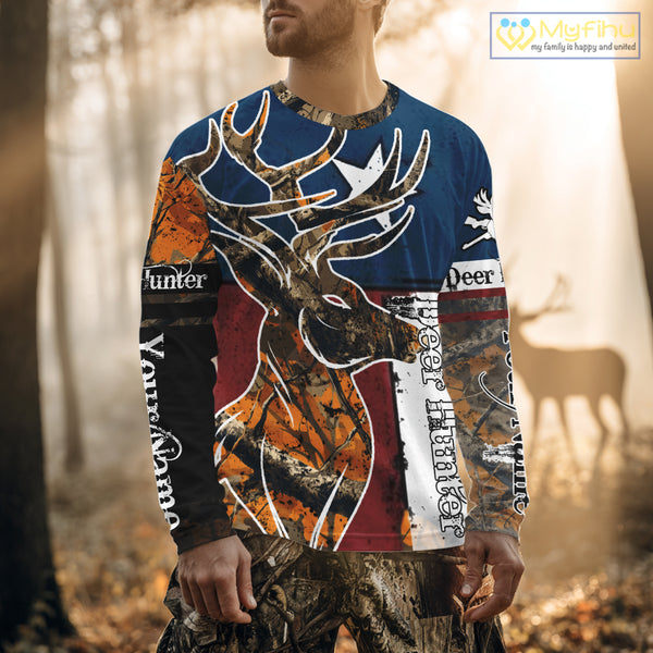 Deer Hunting Orange Camouflage Shirts with TX Flag, Personalized Hunting Shirt, Hunting Gifts NBT92