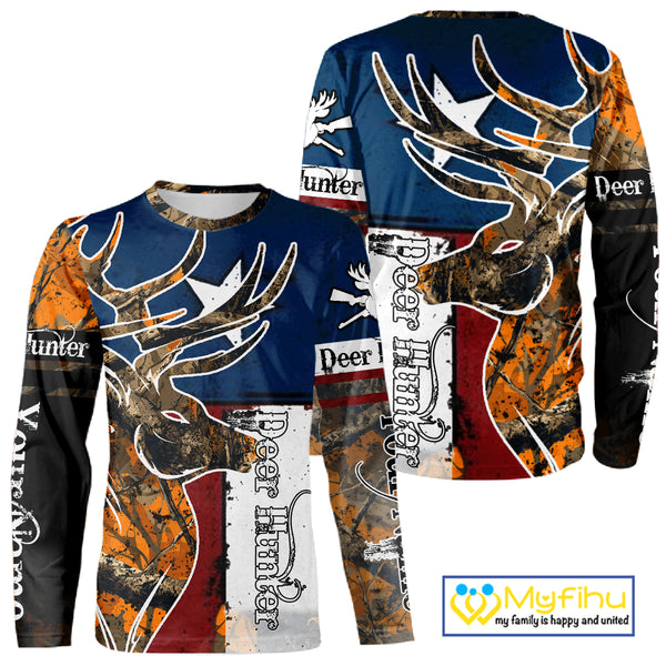 Deer Hunting Orange Camouflage Shirts with TX Flag, Personalized Hunting Shirt, Hunting Gifts NBT92
