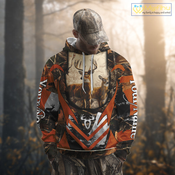 Deer Hunting Shirt Personalized 3D All Over Print Orange Camo Leather Pattern Hunting Clothes NBT94
