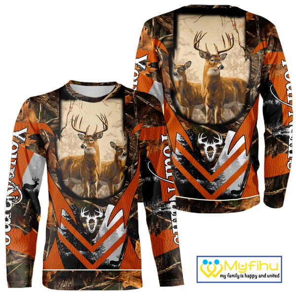 Deer Hunting Shirt Personalized 3D All Over Print Orange Camo Leather Pattern Hunting Clothes NBT94