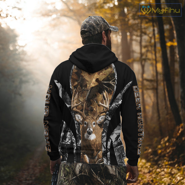 Whitetail Deer 3D All Over Printed Fall Season Camo Hoodie Custom Name Shirt NBT314