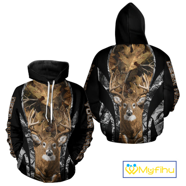 Whitetail Deer 3D All Over Printed Fall Season Camo Hoodie Custom Name Shirt NBT314