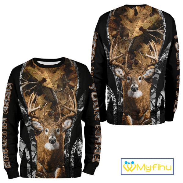Whitetail Deer 3D All Over Printed Fall Season Camo Hoodie Custom Name Shirt NBT314