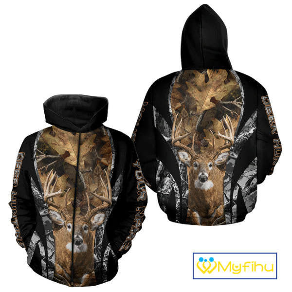 Whitetail Deer 3D All Over Printed Fall Season Camo Hoodie Custom Name Shirt NBT314