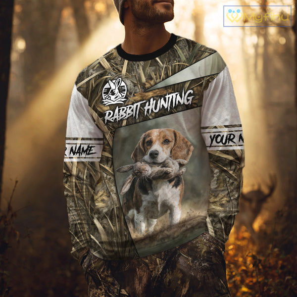 Rabbit Hunting Beagle Dog Camouflage Custom Name 3D Shirts, Rabbit Hunting Clothing for Men NBT215