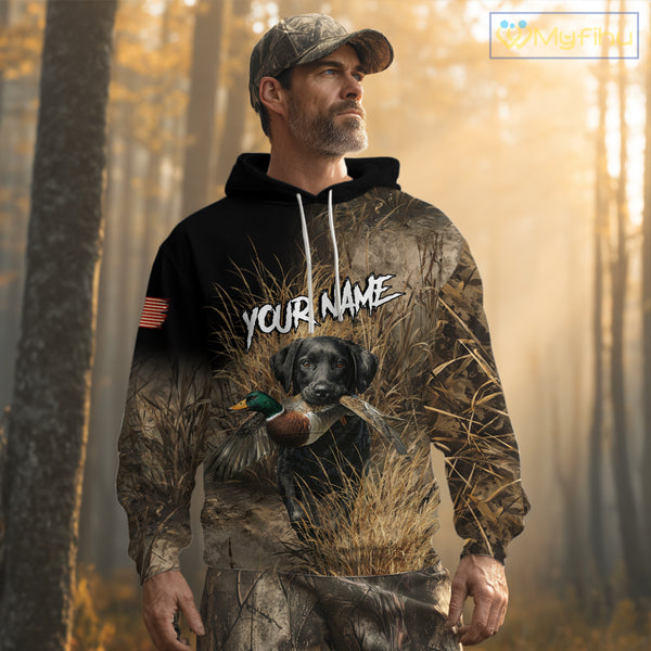 Custom Duck Hunting with Black Labrador Retriever US Flag Camo Shirts, Duck Hunting Clothes for Men NBT130