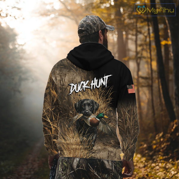Custom Duck Hunting with Black Labrador Retriever US Flag Camo Shirts, Duck Hunting Clothes for Men NBT130