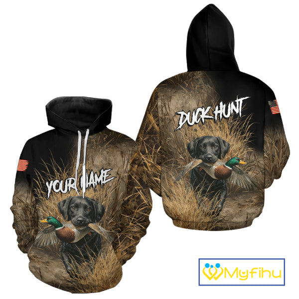 Custom Duck Hunting with Black Labrador Retriever US Flag Camo Shirts, Duck Hunting Clothes for Men NBT130