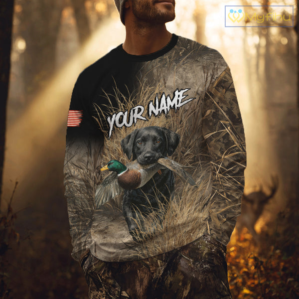 Custom Duck Hunting with Black Labrador Retriever US Flag Camo Shirts, Duck Hunting Clothes for Men NBT130