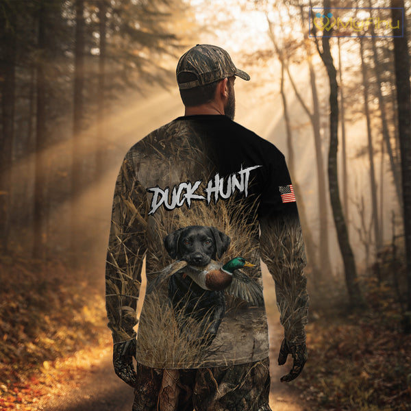Custom Duck Hunting with Black Labrador Retriever US Flag Camo Shirts, Duck Hunting Clothes for Men NBT130