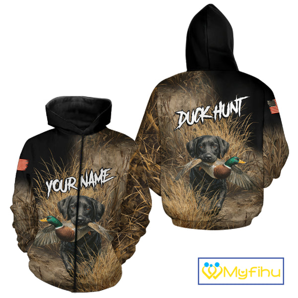 Custom Duck Hunting with Black Labrador Retriever US Flag Camo Shirts, Duck Hunting Clothes for Men NBT130