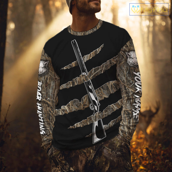 Beautiful Wild Boar Hunting 3D Print Camouflage Shirts with Rifle, Boar Hunting Clothes NBT142