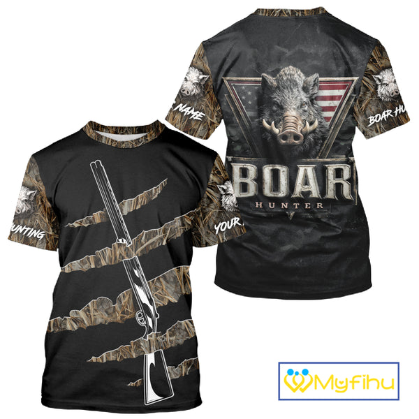 Beautiful Wild Boar Hunting 3D Print Camouflage Shirts with Rifle, Boar Hunting Clothes NBT142