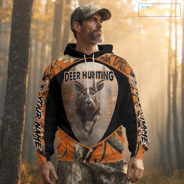 Deer Hunting Shirt Orange Camouflage Hoodie, Long Sleeve Custom Name For Men NBT245