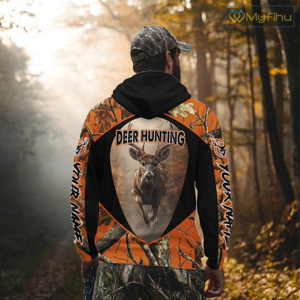 Deer Hunting Shirt Orange Camouflage Hoodie, Long Sleeve Custom Name For Men NBT245