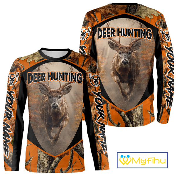 Deer Hunting Shirt Orange Camouflage Hoodie, Long Sleeve Custom Name For Men NBT245