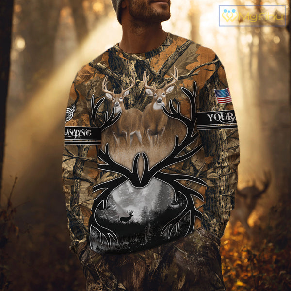 Whitetail Deer Hunting Camouflage Shirts with US Flag, Custom Hunting Shirt for Hunters NBT164