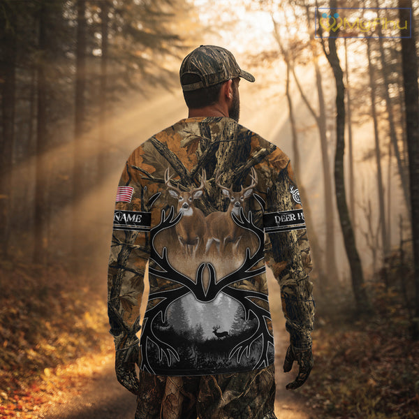 Whitetail Deer Hunting Camouflage Shirts with US Flag, Custom Hunting Shirt for Hunters NBT164
