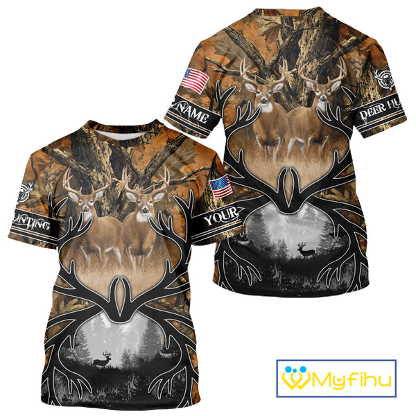 Whitetail Deer Hunting Camouflage Shirts with US Flag, Custom Hunting Shirt for Hunters NBT164