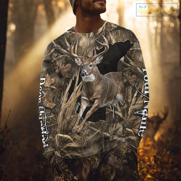 Whitetail Deer Hunting Brown Camo Custom Name Full Printing Shirts, Personalized Gifts for Hunters NBT124