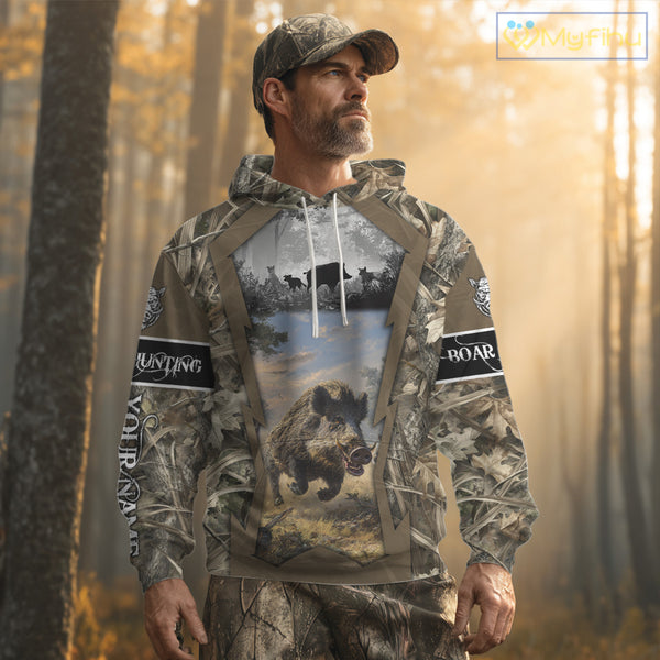 Brown Camo Wild Boar Hunting Shirt Custom Name Hunting Clothes Gifts for Hunter NBT125
