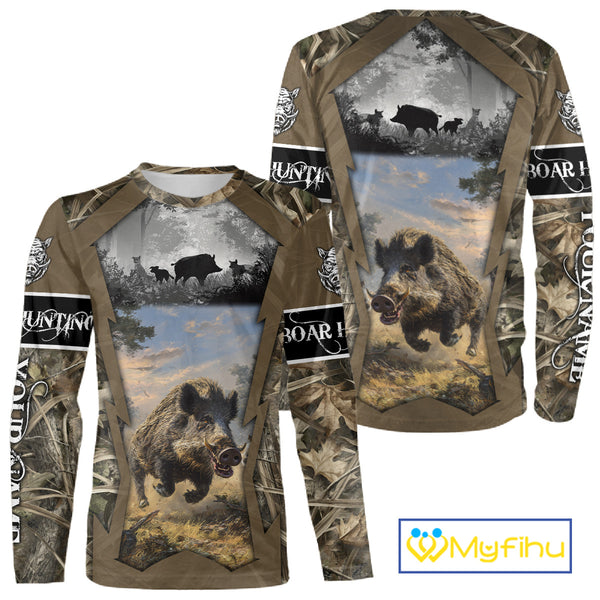 Brown Camo Wild Boar Hunting Shirt Custom Name Hunting Clothes Gifts for Hunter NBT125