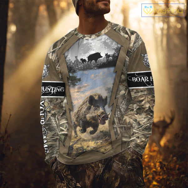 Brown Camo Wild Boar Hunting Shirt Custom Name Hunting Clothes Gifts for Hunter NBT125