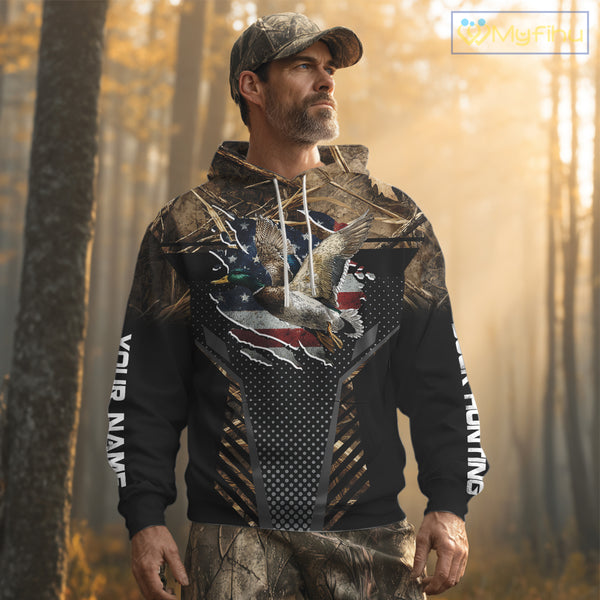 Duck Hunting American Flag Dark Camouflage Shirts, Duck Hunting Gifts NBT198