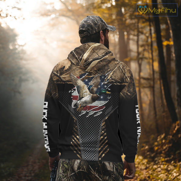 Duck Hunting American Flag Dark Camouflage Shirts, Duck Hunting Gifts NBT198