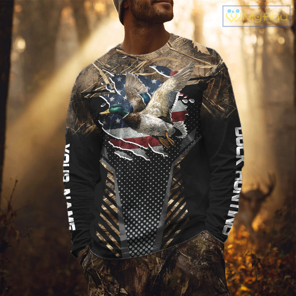 Duck Hunting American Flag Dark Camouflage Shirts, Duck Hunting Gifts NBT198