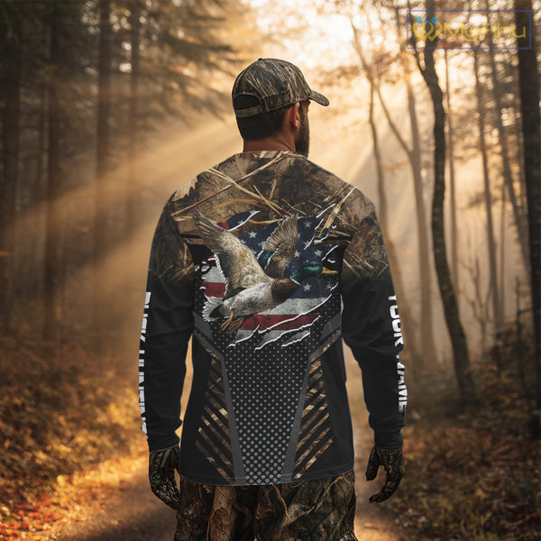 Duck Hunting American Flag Dark Camouflage Shirts, Duck Hunting Gifts NBT198