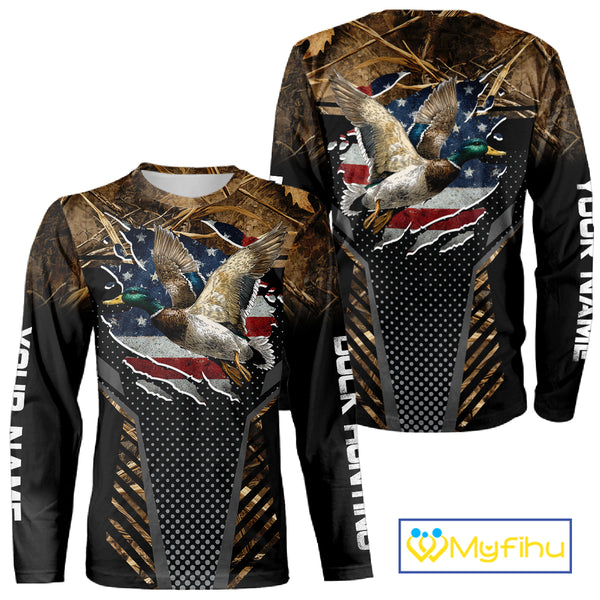 Duck Hunting American Flag Dark Camouflage Shirts, Duck Hunting Gifts NBT198