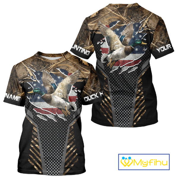 Duck Hunting American Flag Dark Camouflage Shirts, Duck Hunting Gifts NBT198