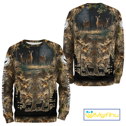 Deer Hunting 3D All Over Print Shirt Custom Brown Fall Season Camo Hunting Clothes NBT322