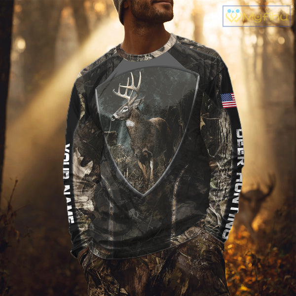 Whitetail Deer Hunting Camo US Flag 3D All Over Printed Shirts, Best Deer Hunting Gifts for Men NBT222
