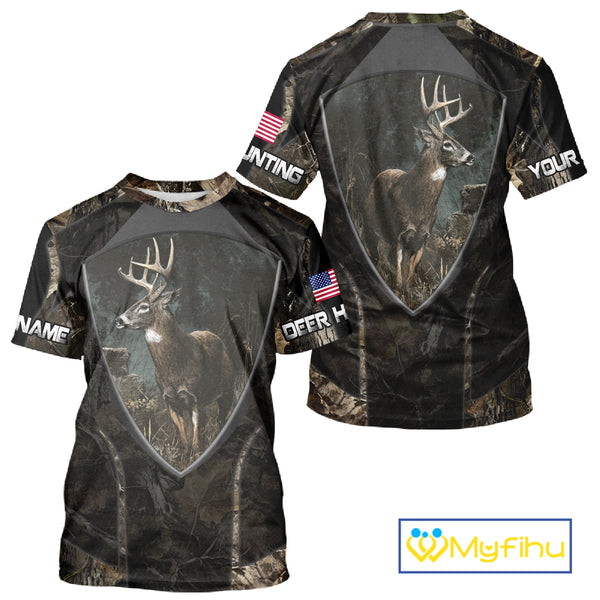 Whitetail Deer Hunting Camo US Flag 3D All Over Printed Shirts, Best Deer Hunting Gifts for Men NBT222