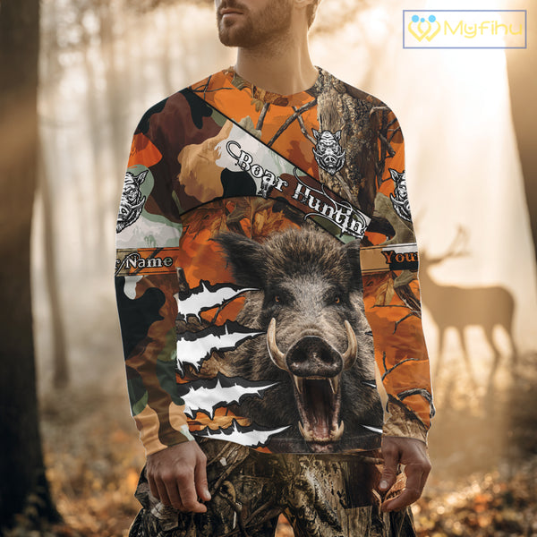 Wild Hog Hunting Orange Camouflage Custom Name Shirts, Personalized Boar Hunting Shirts NBT133