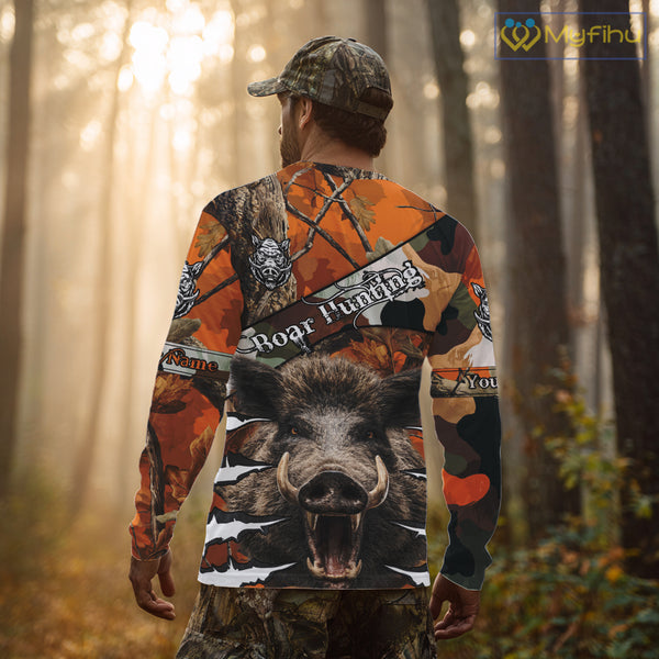 Wild Hog Hunting Orange Camouflage Custom Name Shirts, Personalized Boar Hunting Shirts NBT133