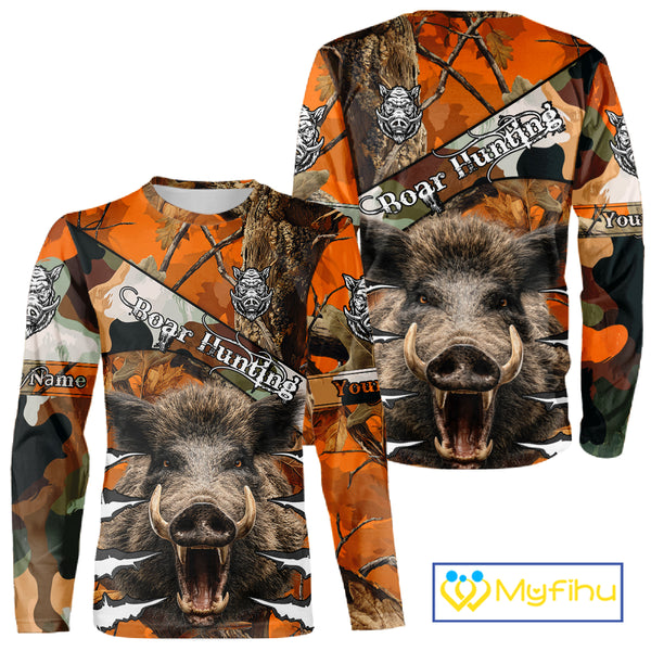 Wild Hog Hunting Orange Camouflage Custom Name Shirts, Personalized Boar Hunting Shirts NBT133