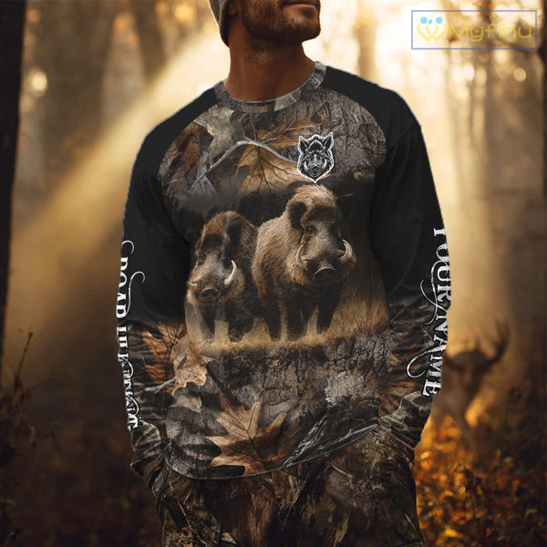 Wild Boar Hunting Forest Camouflage 3D Custom Name Shirts, Boar Hunting Gift Ideas for Hunters NBT224
