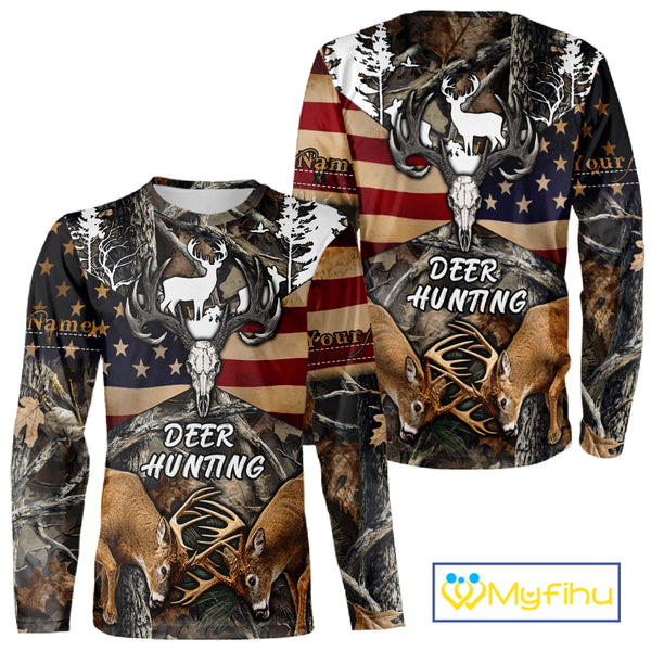 Custom Whitetail Deer Hunting Forest Camo Shirts with US Flag, Personalized Hunting Shirt NBT341