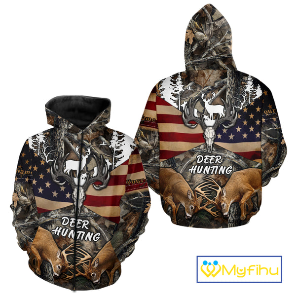 Custom Whitetail Deer Hunting Forest Camo Shirts with US Flag, Personalized Hunting Shirt NBT341
