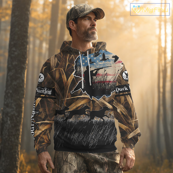 Custom Duck Hunting Camo USA Flag Custom Name 3D Printing Shirts, Duck Hunting Shirts NBT148