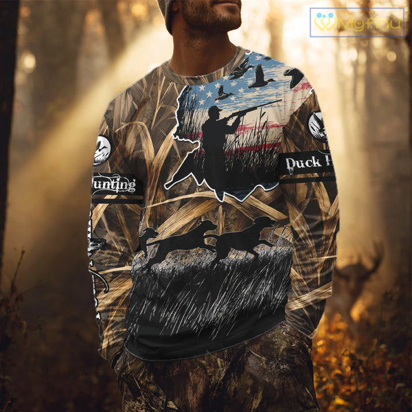 Custom Duck Hunting Camo USA Flag Custom Name 3D Printing Shirts, Duck Hunting Shirts NBT148