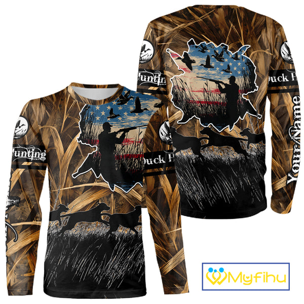 Custom Duck Hunting Camo USA Flag Custom Name 3D Printing Shirts, Duck Hunting Shirts NBT148