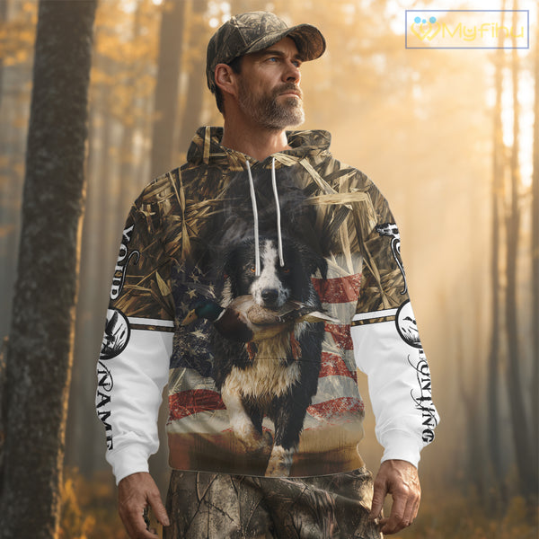 Border Collies Duck Hunting USA Flag Customized Name All Over Printed Shirts, Hunting Gifts NBT153